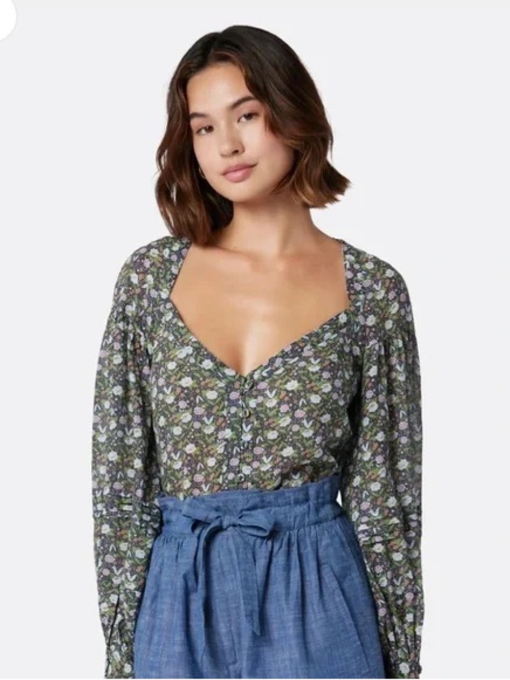 Joie Talma Floral Button Front Blouse with Long Balloon Sleeves Size XS